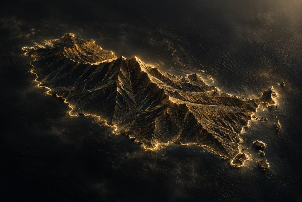 Madeira Island rendered in black and gold, its mountain ridges and coastline traced in glowing gold light